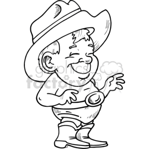 clipart - A black and white boy in his underwear wearing cowboy hat and boots with a big belt buckle.