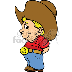A little boy dressed as a cowboy with a big hat and a big belt buckle clipart.