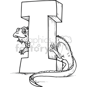 black white vector alphabet alphabets cartoon funny letter letters i iguana iguanas lizard lizards
