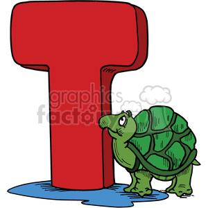 Royalty Free Cartoon Letter T With A Turtle Standing Next To It