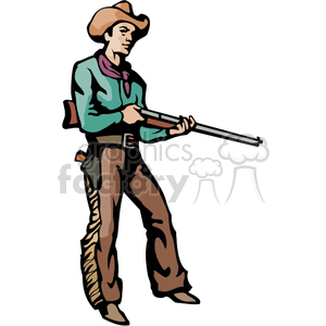 A Cowboy with Brown Chaps Holding a Rifle Ready to Shoot clipart.