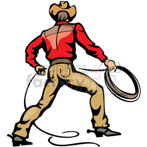A Cowboy Wearing a Red Shirt Brown Leather Hat and Boots with Spurs Holding Rope clipart.