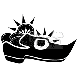 A Black and White Leprechaun Shoe Filled with Royal Coins clipart.