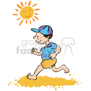 Boy running while barefoot on the Beach in the Sun clipart.