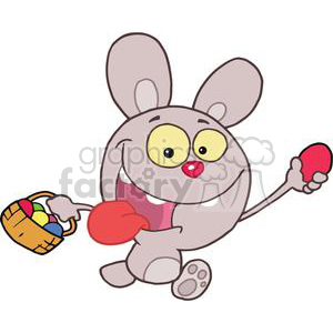 Easter Rabbit Running And Holding Up An Egg And Carrying A Basket Of Easter Eggs