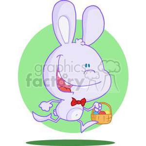 Happy Purple Bunny Running with Easter Eggs in Basket in front of a Green Background