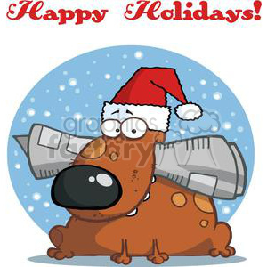 clipart - Spotted Dog Holds A Newspaper in Mouth with Santa Hat on with Text Happy Hoidays!.