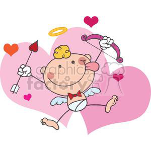 A Stick Cupid with Bow and Arrow Flying With Pink and Red Hearts clipart.