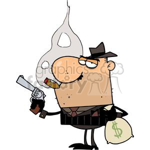 clipart - A Cigar Smoking Mobster Holds Gun and Sack of Money.