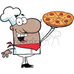 Fast Food African American Proud Chef Holds Up Pizza clipart. Commercial use image # 379051