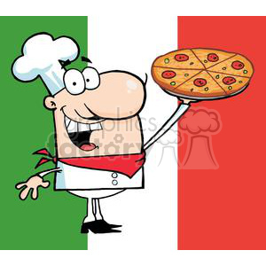 A Proud Chef Holds Up Pizza In Front Of Italian Flag clipart. Royalty-free image # 379196