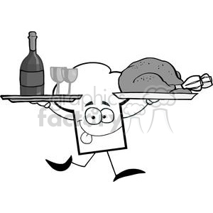 Cartoon Chefs Hat Character Running With Tray Of Wine And Plate WithChicken clipart. Commercial use image # 379316