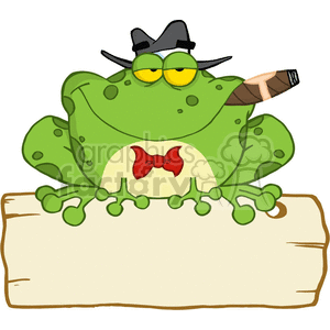 Cartoon-Frog-Mobster-With-A-Hat-And-Cigar-Over-A-Blank-Wood-Sign clipart. Commercial use image # 381771
