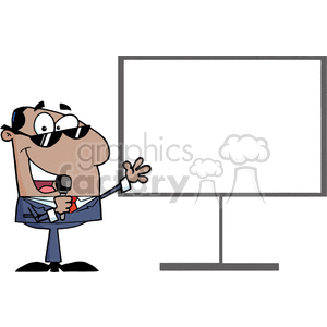 Cartoon-Businessman-Talking-Into-A-Microphone-And-Shows-His-Hand-On-A-Board clipart. Commercial use image # 381831
