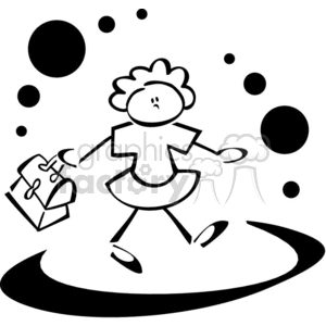 Black and white outline of a little girl going to lunch clipart.