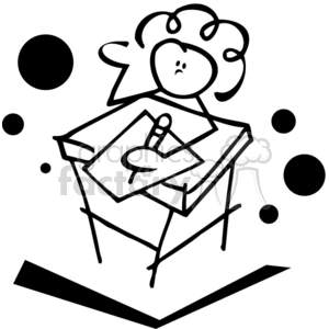 Black and white curly haired girl sitting at her desk clipart.