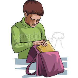 Cartoon student packing his backpack clipart. Royalty-free image # 382626
