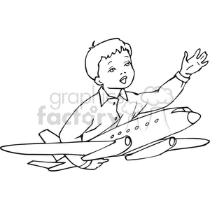 Black and white outline of a boy playing with an airplane clipart.