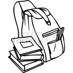 clipart - Black and white outline of a backpack and books.