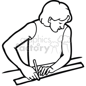 education cartoon black white outline vinyl-ready student girl measuring ruler pencil straight edge concentrating determined study working back to school 