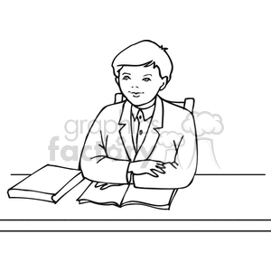 Black and white outline of a student sitting at a desk clipart.