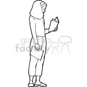 Black and white outline of a girl reading notes clipart.