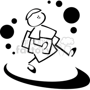 Black and white outline of a little boy walking to school with books clipart.
