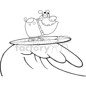 clipart - black and white outline of a dog surfing.