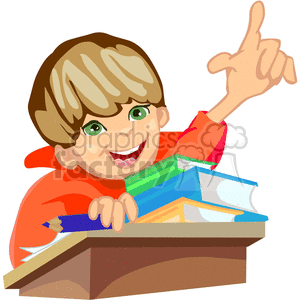 The image shows a cartoon drawing of a student raising his hand in the classroom