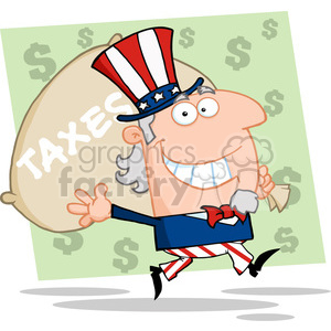 Uncle Sam running with huge bag of money clipart.