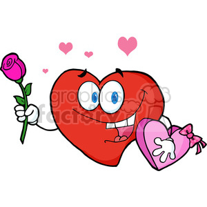 102557-Cartoon-Clipart-Sweet-Red-Heart-Man-Carrying-Chocolates-And-A-Rose clipart. Royalty-free image # 384029