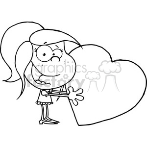 black-white-drawing-of-little-girl-holding-large-heart clipart.