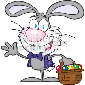 clipart - Royalty-Free-RF-Copyright-Safe-Waving-Gray-Bunny-With-Easter-Eggs-And-Basket.