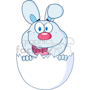 Clipart of Surprise Blue Bunny Peeking Out Of An Easter Egg