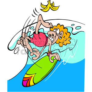 clipart - cartoon surfer guy on a huge wave slipping on a banana.