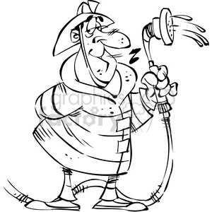 black white cartoon firefighter with water hose clipart.