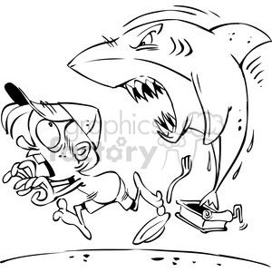 clipart - black and white cartoon shark chasing a little boy on land.