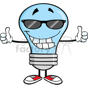 clipart - Royalty Free Clip Art Smiling Blue Light Bulb With Sunglasses Giving A Double Thumbs Up.