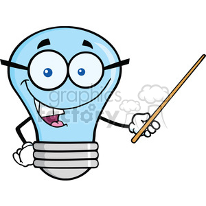 6168 Royalty Free Clip Art Blue Light Bulb Character With Glasses Holding A Pointer clipart.