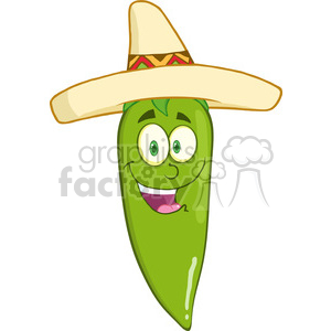 6795 Royalty Free Clip Art Smiling Green Chili Pepper Cartoon Mascot Character With Mexican Hat clipart. Commercial use image # 389608