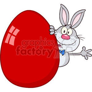 Royalty Free RF Clipart Illustration Cute Gray Rabbit Cartoon Character Waving Behinde Easter Egg clipart.