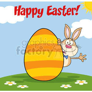 Royalty Free RF Clipart Illustration Happy Easter From Rabbit Cartoon Character Waving Behinde Egg clipart. Commercial use icon # 390129