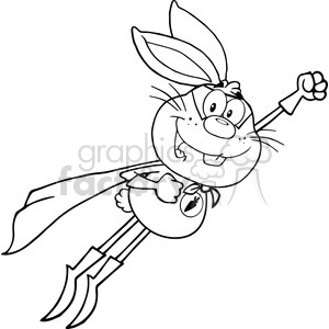 Royalty Free RF Clipart Illustration Black And White Rabbit Superhero Cartoon Character Flying clipart. Royalty-free image # 390159