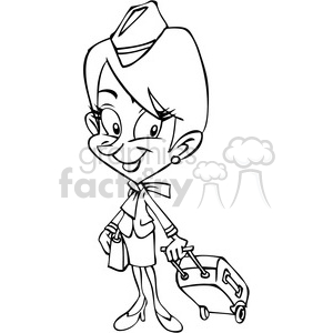 cartoon flight-attendant in black and white clipart.