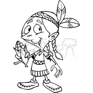 Native American girl holding corn cartoon black and white clipart.