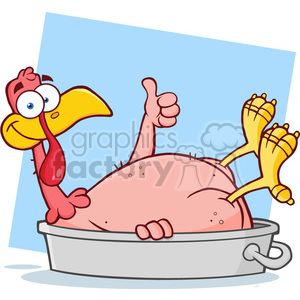 6960 Royalty Free RF Clipart Illustration Smiling Turkey Bird Cartoon Character In The Pan Giving A Thumb Up clipart. Commercial use image # 393168