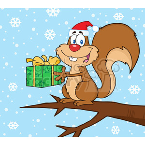 Royalty Free RF Clipart Illustration Happy Squirrel With Santa Hat Holding A Gift In The Snow clipart. Royalty-free image # 393178