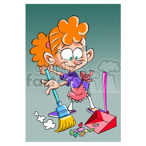 clipart - vector girl sweeping the floor with a broom.