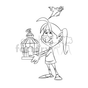girl liberating a bird from a cage black and white clipart.