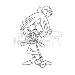 clipart - girl trying to thread a needle black and white.